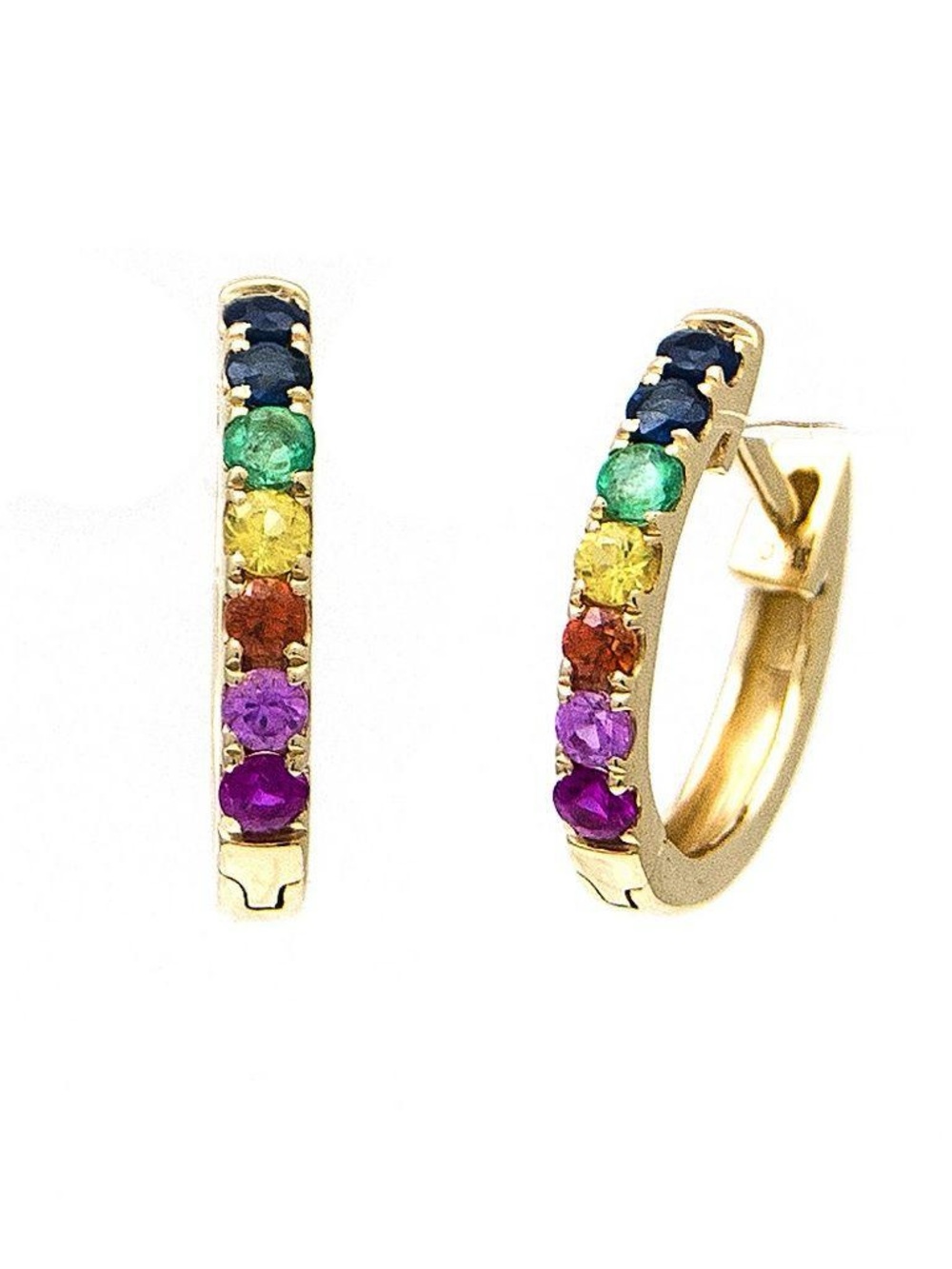 14K Real Solid Yellow Gold Natural Rainbow Gemstone Hoop Earrings 10.2mm